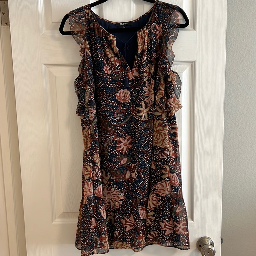 Madewell Navy & Brown Sleeveless Floral Ruffle Dress